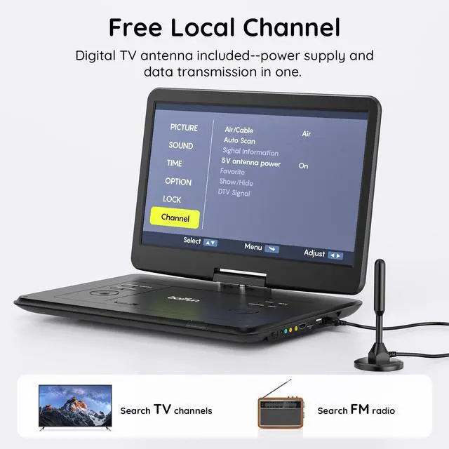 Alt view image 2 of 7 - Portable DVD Player with ATSC TV & FM Radio, 15.6" HD Swivel Screen | Built-in Rechargeable Battery, HDMI Input for TV Stick, USB/TF Card Playback, Plays DVDs CDs VCDs, Car & Home Adapters,Black