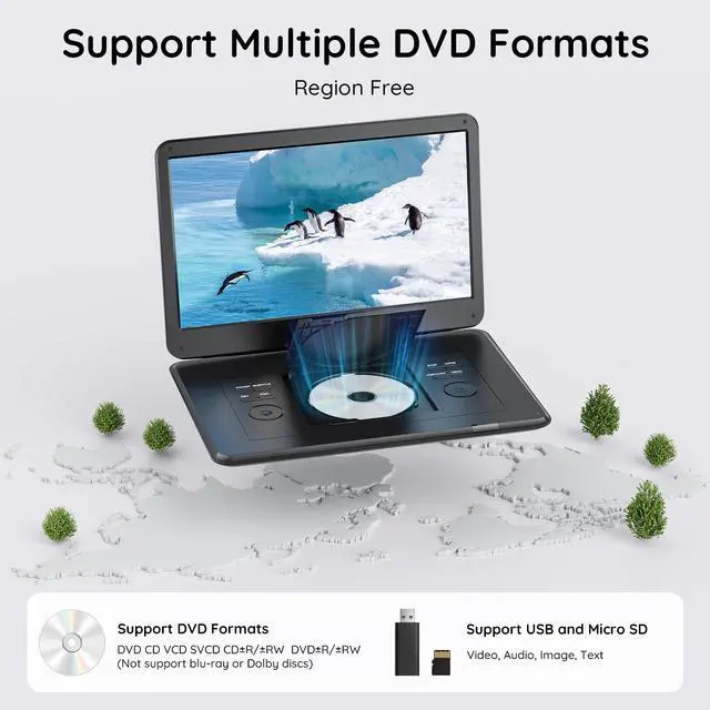 Alt view image 3 of 7 - Portable DVD Player with ATSC TV & FM Radio, 15.6" HD Swivel Screen | Built-in Rechargeable Battery, HDMI Input for TV Stick, USB/TF Card Playback, Plays DVDs CDs VCDs, Car & Home Adapters,Black