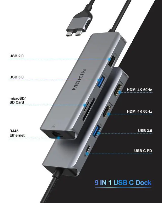 Alt view image 2 of 7 - MacBook Pro Docking Station Dual Monitor MacBook Pro HDMI Adapter, 9 in 1 USB C Adapters for MacBook Pro Air Mac HDMI Dock Dongle Dual USB C to Dual HDMI Ethernet 3USB SD Card Reader 100W PD