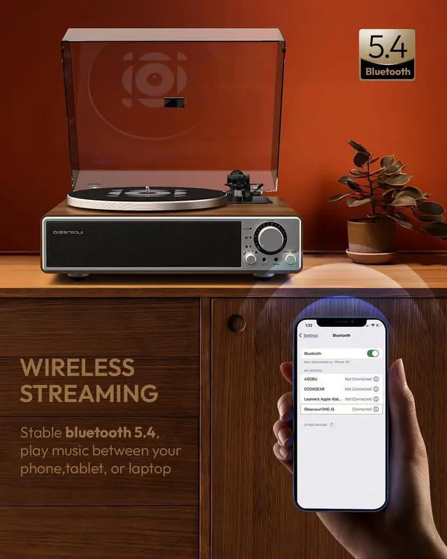 Alt view image 4 of 6 - ONE-Q All-in-one Vinyl Record Player with Bluetooth 5.4 | HiFi Turntable Built-in Speakers, Phono Preamp, AT-3600L Cartridge, 33/45 RPM, Auto Off