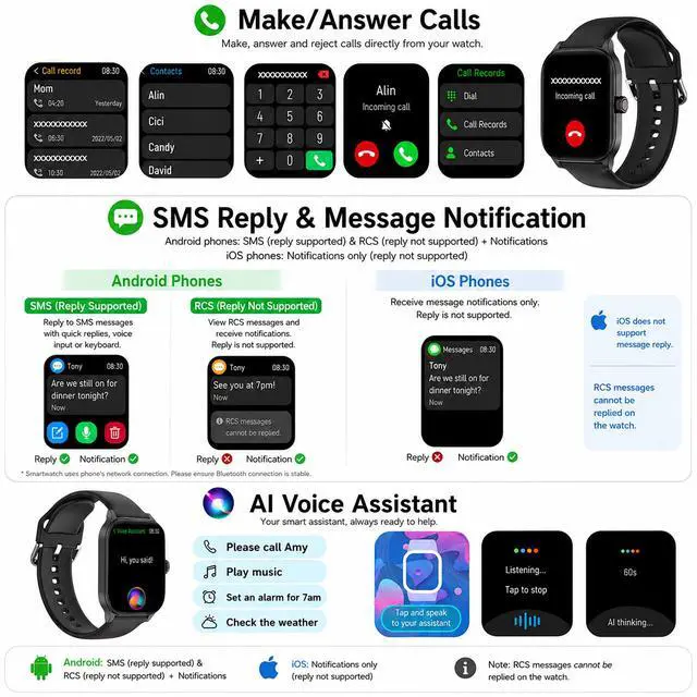 Alt view image 2 of 7 - Smart Watch, GPS & Free Maps, 1.96" HD Screen, AI, Bluetooth Call & Text, Health, Fitness & 24/7 Sleep Tracker, 100+ Workout Modes, 5 ATM Water-Resistance, for Men & Women, Android & iOS, 2 Bands
