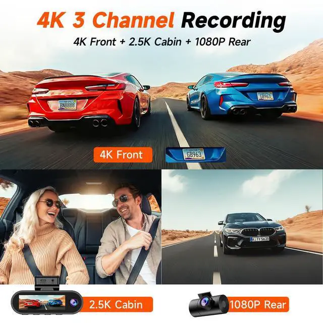Alt view image 2 of 7 - GT902 Dashcam 4K 3 Channel Dash Cam Front Rear Inside, True 170° Wide Angle, 3.19" IPS Screen 2.4G WiFi Custom APP Control, Loop Recording Collision Lock G-Sensor Parking Monitor, 256GB Storage Max