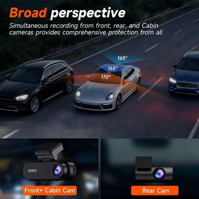Alt view image 5 of 7 - GT902 Dashcam 4K 3 Channel Dash Cam Front Rear Inside, True 170° Wide Angle, 3.19" IPS Screen 2.4G WiFi Custom APP Control, Loop Recording Collision Lock G-Sensor Parking Monitor, 256GB Storage Max