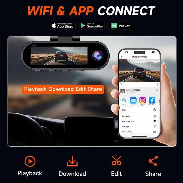 Alt view image 7 of 7 - GT902 Dashcam 4K 3 Channel Dash Cam Front Rear Inside, True 170° Wide Angle, 3.19" IPS Screen 2.4G WiFi Custom APP Control, Loop Recording Collision Lock G-Sensor Parking Monitor, 256GB Storage Max