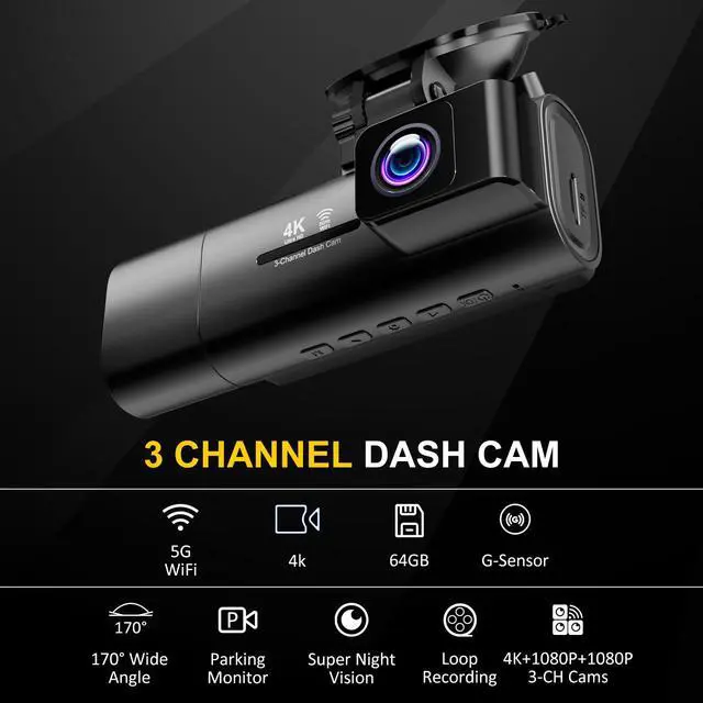 Alt view image 2 of 7 - 4K Dash Cam Front and Rear Inside,3.16" IPS,3 Channel Dash Cam for Car with 5G WiFi,Free 64GB Card,170° Wide Angle,Loop Recording,G-Sensor,WDR,Night Vision,Time-Lapse,24H Parking Monitor