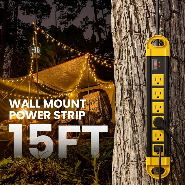 Alt view image 7 of 7 - GFCI Outdoor Power Strip Weatherproof IPX6 Waterproof, Yellow 15FT Surge Protector 2700J with 6 Plug Extender Port, Exterior Long Extension Cord with Multiple Outlet for Garden Christmas Decor