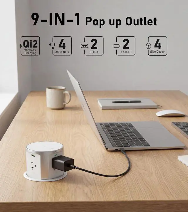 Alt view image 2 of 7 - 20A Pop Up Outlet for Countertop, 65W USB-C, 15W Qi Wireless, 4AC | 1200J Surge Protection, 6FT 12AWG Cord, Fits 4" Hole, for Kitchen Island Desk RV, White, ETL Listed