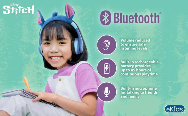Alt view image 2 of 7 - Disney Stitch Bluetooth Headphones for Kids, Wireless Headphones for School Volume Reduced and Built-in Microphone