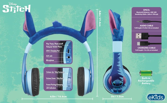 Alt view image 6 of 7 - Disney Stitch Bluetooth Headphones for Kids, Wireless Headphones for School Volume Reduced and Built-in Microphone