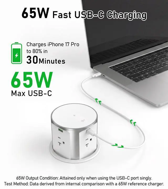 Alt view image 4 of 7 - 20A Pop Up Outlet for Countertop, 65W USB-C, 15W Qi Wireless, 4AC | 1200J Surge Protection, 6FT 12AWG Cord, Fits 4" Hole, for Kitchen Island Desk RV, White, ETL Listed