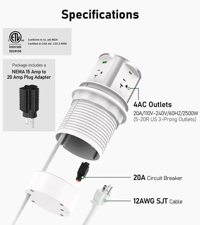 Alt view image 5 of 7 - 20A Pop Up Outlet for Countertop, 65W USB-C, 15W Qi Wireless, 4AC | 1200J Surge Protection, 6FT 12AWG Cord, Fits 4" Hole, for Kitchen Island Desk RV, White, ETL Listed