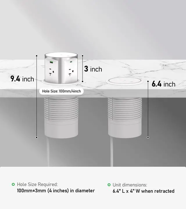 Alt view image 7 of 7 - 20A Pop Up Outlet for Countertop, 65W USB-C, 15W Qi Wireless, 4AC | 1200J Surge Protection, 6FT 12AWG Cord, Fits 4" Hole, for Kitchen Island Desk RV, White, ETL Listed