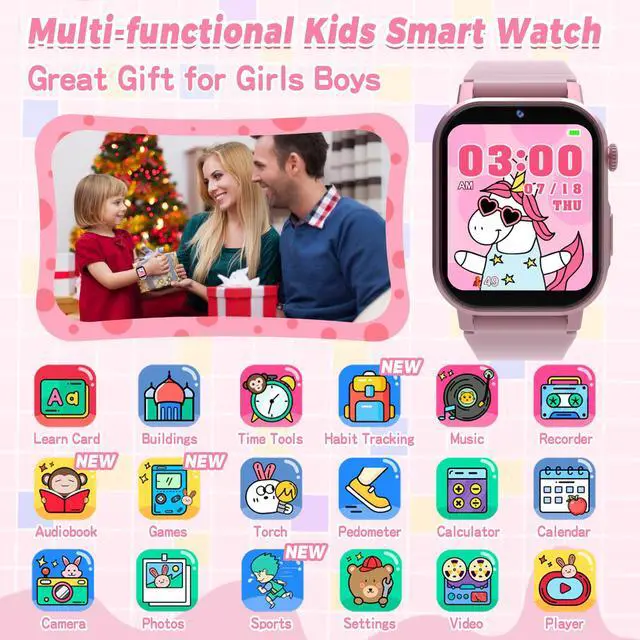 Alt view image 2 of 7 - Kids Smart Watches Girls Gift Age 3-12, Kids Watch with 32 Games HD Touchscreen Camera Video Music Audiobook Pedometer Flashlight 12/24 hr Educational Toys Birthday Gift for Girls Ages 5 6 7 8 9 10