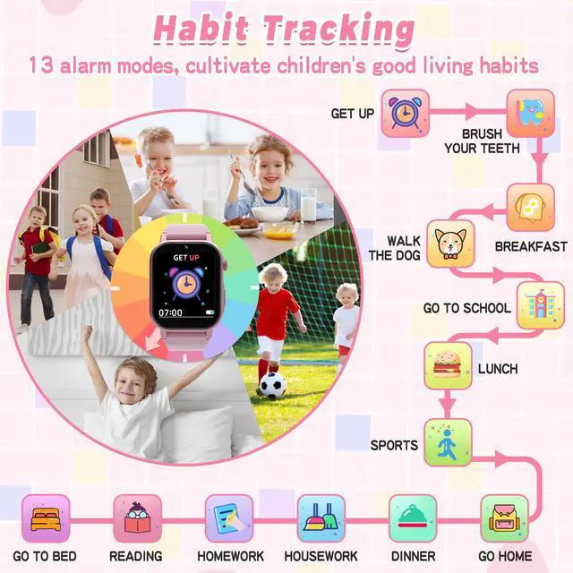 Alt view image 4 of 7 - Kids Smart Watches Girls Gift Age 3-12, Kids Watch with 32 Games HD Touchscreen Camera Video Music Audiobook Pedometer Flashlight 12/24 hr Educational Toys Birthday Gift for Girls Ages 5 6 7 8 9 10