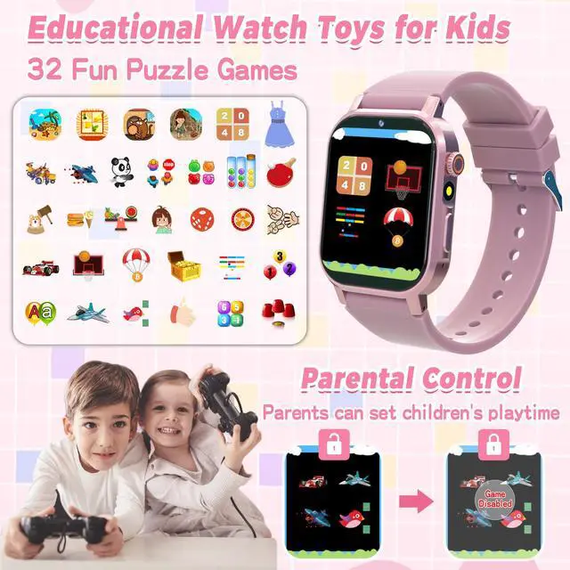 Alt view image 5 of 7 - Kids Smart Watches Girls Gift Age 3-12, Kids Watch with 32 Games HD Touchscreen Camera Video Music Audiobook Pedometer Flashlight 12/24 hr Educational Toys Birthday Gift for Girls Ages 5 6 7 8 9 10