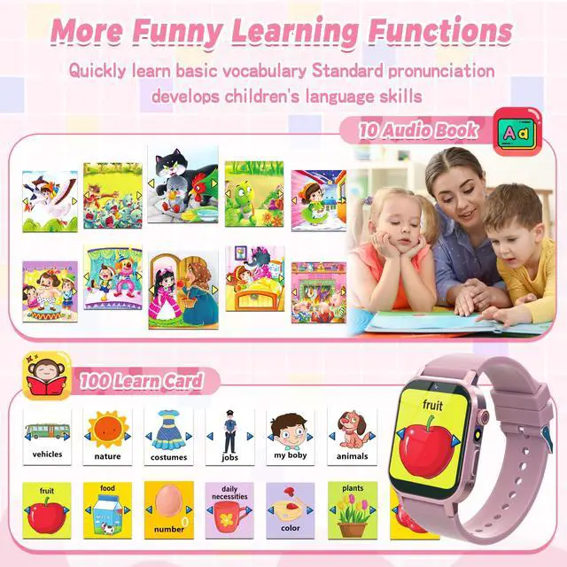 Alt view image 6 of 7 - Kids Smart Watches Girls Gift Age 3-12, Kids Watch with 32 Games HD Touchscreen Camera Video Music Audiobook Pedometer Flashlight 12/24 hr Educational Toys Birthday Gift for Girls Ages 5 6 7 8 9 10