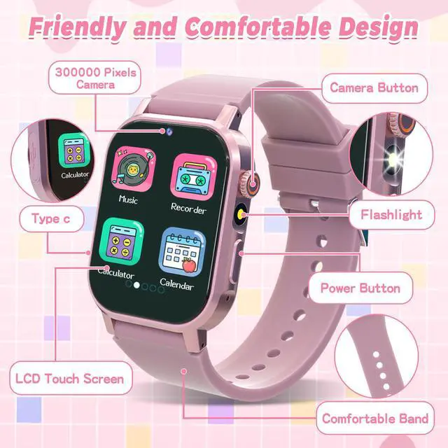 Alt view image 7 of 7 - Kids Smart Watches Girls Gift Age 3-12, Kids Watch with 32 Games HD Touchscreen Camera Video Music Audiobook Pedometer Flashlight 12/24 hr Educational Toys Birthday Gift for Girls Ages 5 6 7 8 9 10