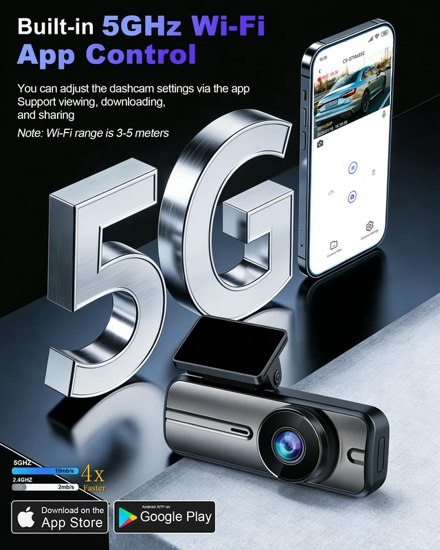 Alt view image 7 of 7 - Dash Cam Front and Rear 4K+1080P, 5GHz WiFi, App Control, with 64GB Card | 24H Parking Mode, G-Sensor Locks Important Footage, Loop Recording, Easy Video Transfer and Playback
