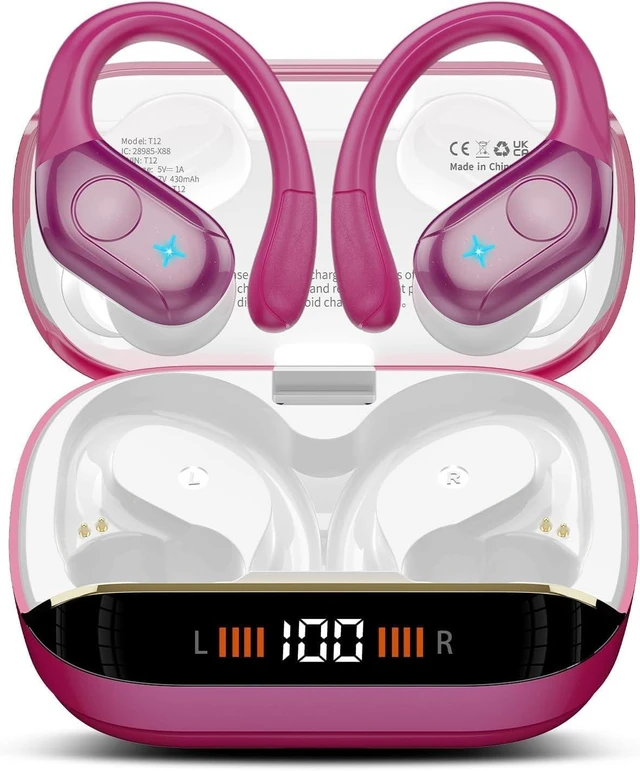 Main image of Wireless Earbuds Bluetooth 5.4 Headphones 75H Stereo Deep Bass Sports Over Ear Buds with Earhooks, LED Display Bluetooth Earbuds with 4 ENC Mic, IP7 Waterproof Earphone for Running, Rose Gold
