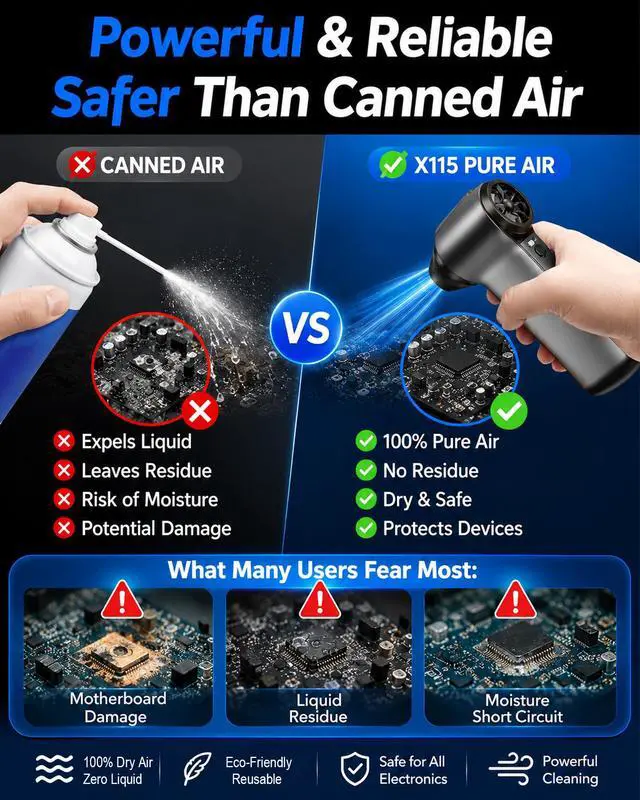 Alt view image 5 of 7 - Compressed Air Duster, 180000RPM Rechargeable Cordless Electric Blower | 3-Speed Turbo Fan with Brushless Motor, Mini Blower for Computer, PC, Keyboard, Car, Home, Outdoor & Electronics Cleaning