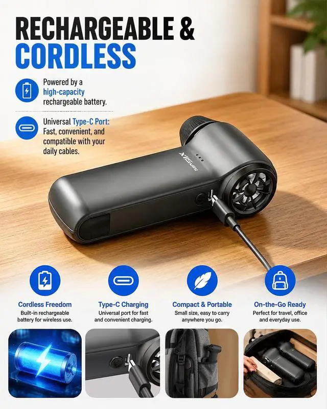 Alt view image 6 of 7 - Compressed Air Duster, 180000RPM Rechargeable Cordless Electric Blower | 3-Speed Turbo Fan with Brushless Motor, Mini Blower for Computer, PC, Keyboard, Car, Home, Outdoor & Electronics Cleaning