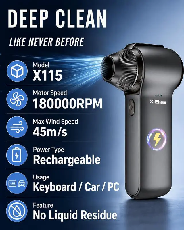 Alt view image 7 of 7 - Compressed Air Duster, 180000RPM Rechargeable Cordless Electric Blower | 3-Speed Turbo Fan with Brushless Motor, Mini Blower for Computer, PC, Keyboard, Car, Home, Outdoor & Electronics Cleaning