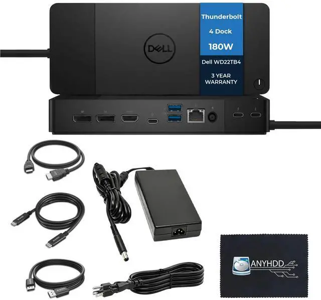 Main image of Dell WD22TB4 Thunderbolt 4 Dock Bundle - 40Gbps USB-C/USB-A, with 180W Adapter, HDMI, DP, USB-C Cable & Cloth - Docking Station, Supports Dual/Triple Monitors & 4k Display