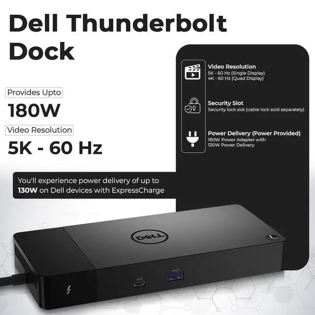 Alt view image 3 of 7 - Dell WD22TB4 Thunderbolt 4 Dock Bundle - 40Gbps USB-C/USB-A, with 180W Adapter, HDMI, DP, USB-C Cable & Cloth - Docking Station, Supports Dual/Triple Monitors & 4k Display