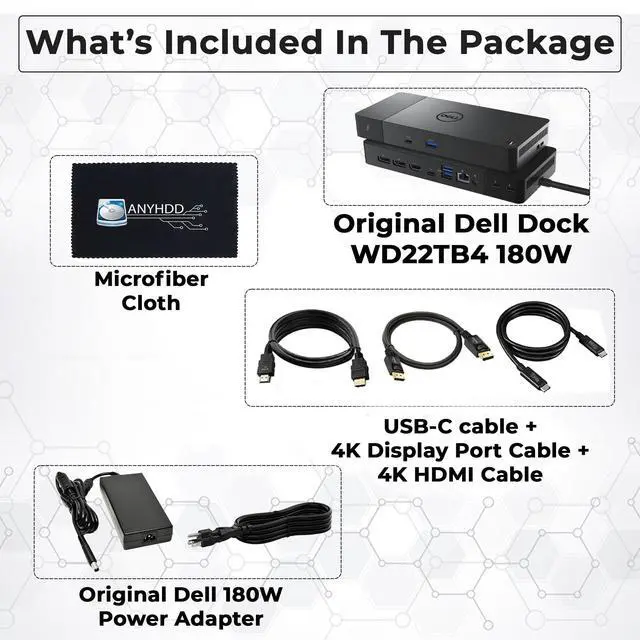 Alt view image 2 of 7 - Dell WD22TB4 Thunderbolt 4 Dock Bundle - 40Gbps USB-C/USB-A, with 180W Adapter, HDMI, DP, USB-C Cable & Cloth - Docking Station, Supports Dual/Triple Monitors & 4k Display