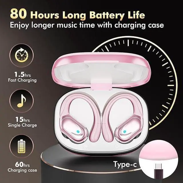 Alt view image 2 of 7 - Wireless Earbuds, Sports Bluetooth Headphones, 80Hrs Playtime Ear Buds with LED Power Display, Noise Canceling Headset, IPX7 Waterproof Earphones for Workout/Running (Pink)