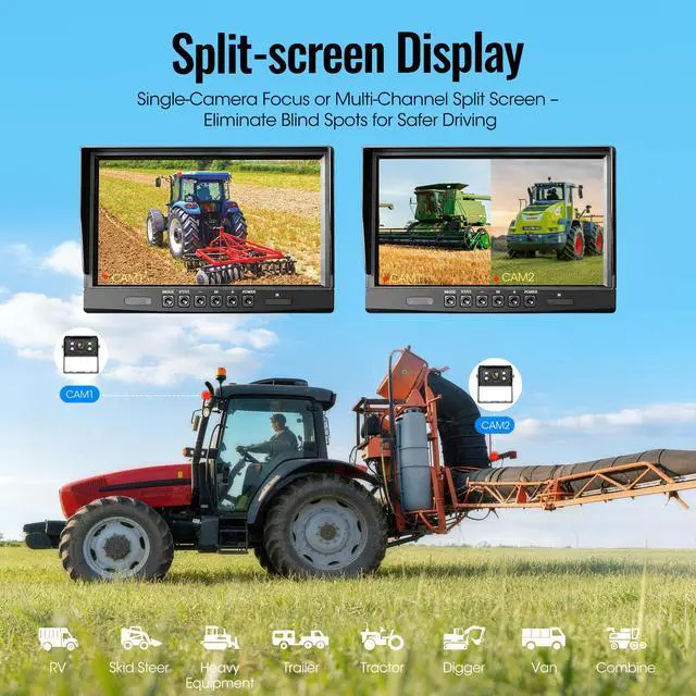 Alt view image 6 of 7 - 10.1" 2-Wired Backup Camera System, DVR Dual Screen Rear View Camera, IP69 Waterproof IR Night Vision, 20G Vibration-Proof for Trailer/Tractor/Truck/Combine/Skid Steer/Heavy Equipment/UTV, Y3