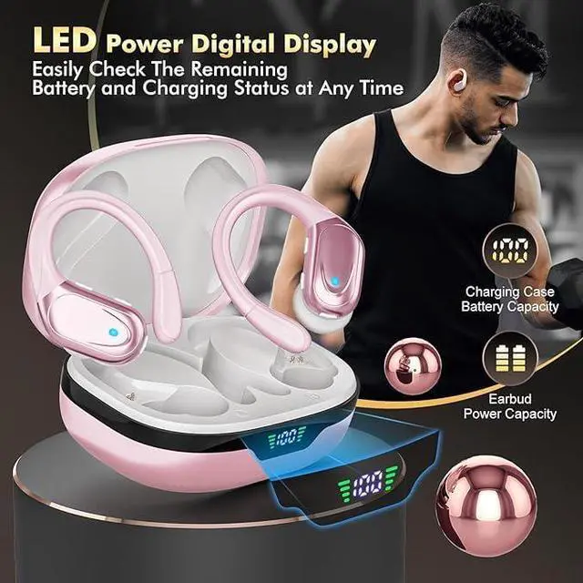 Alt view image 7 of 7 - Wireless Earbuds, Sports Bluetooth Headphones, 80Hrs Playtime Ear Buds with LED Power Display, Noise Canceling Headset, IPX7 Waterproof Earphones for Workout/Running (Pink)