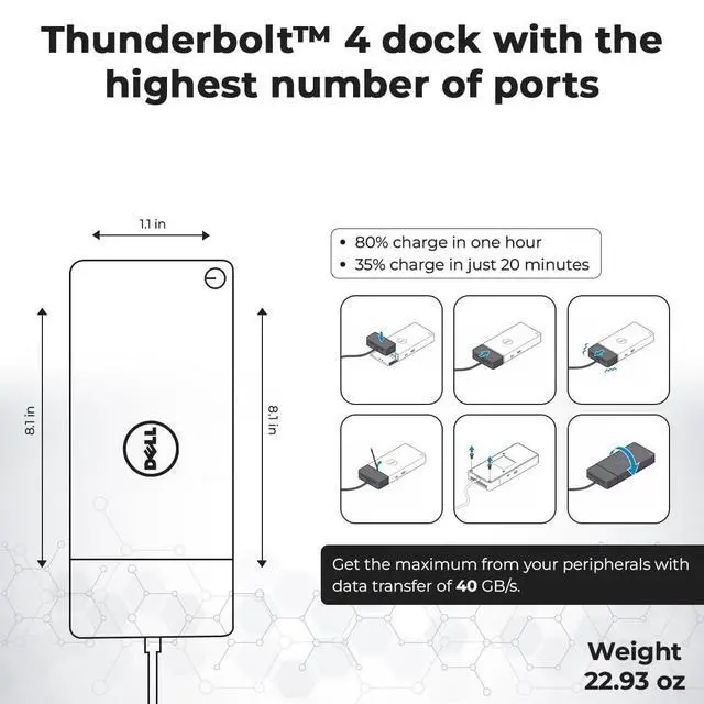 Alt view image 6 of 7 - Dell WD22TB4 Thunderbolt 4 Dock Bundle - 40Gbps USB-C/USB-A, with 180W Adapter, HDMI, DP, USB-C Cable & Cloth - Docking Station, Supports Dual/Triple Monitors & 4k Display