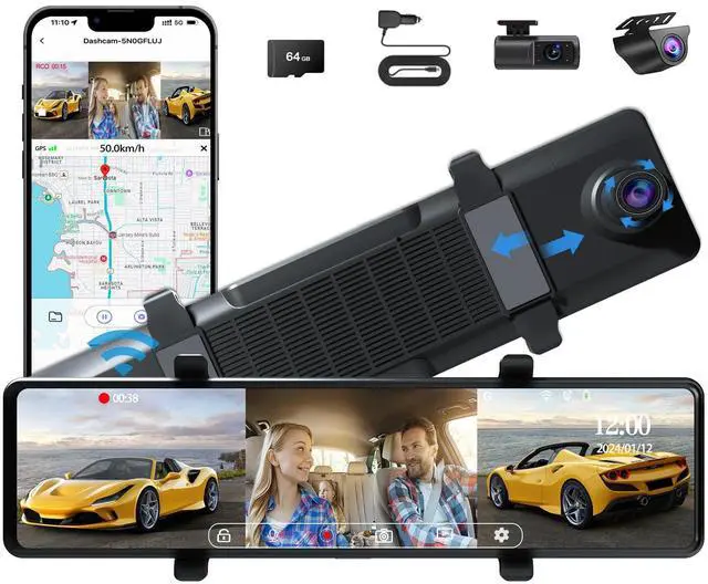 Main image of 3 Channel Mirror Dash Cam, 12" Triple Rear View Mirror with Front 4K, Inside and Rear 1080P Cameras with 5.8GHz WiFi, G-Sensor, Night Vision, Reverse Assist, Parking Monitor