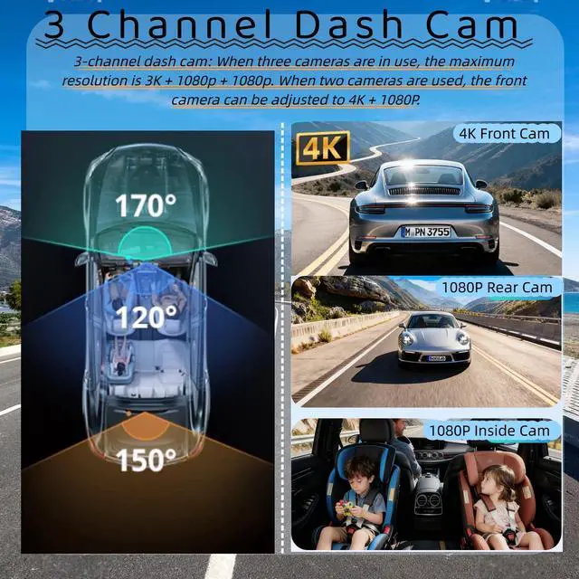 Alt view image 2 of 7 - 3 Channel Mirror Dash Cam, 12" Triple Rear View Mirror with Front 4K, Inside and Rear 1080P Cameras with 5.8GHz WiFi, G-Sensor, Night Vision, Reverse Assist, Parking Monitor