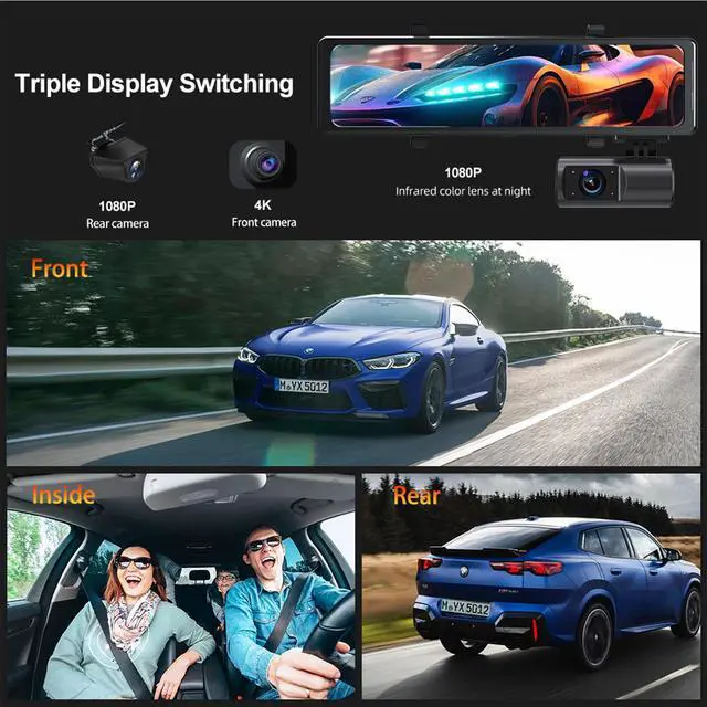 Alt view image 3 of 7 - 3 Channel Mirror Dash Cam, 12" Triple Rear View Mirror with Front 4K, Inside and Rear 1080P Cameras with 5.8GHz WiFi, G-Sensor, Night Vision, Reverse Assist, Parking Monitor