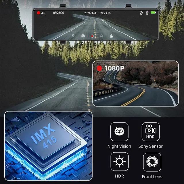 Alt view image 4 of 7 - 3 Channel Mirror Dash Cam, 12" Triple Rear View Mirror with Front 4K, Inside and Rear 1080P Cameras with 5.8GHz WiFi, G-Sensor, Night Vision, Reverse Assist, Parking Monitor