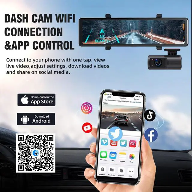 Alt view image 6 of 7 - 3 Channel Mirror Dash Cam, 12" Triple Rear View Mirror with Front 4K, Inside and Rear 1080P Cameras with 5.8GHz WiFi, G-Sensor, Night Vision, Reverse Assist, Parking Monitor