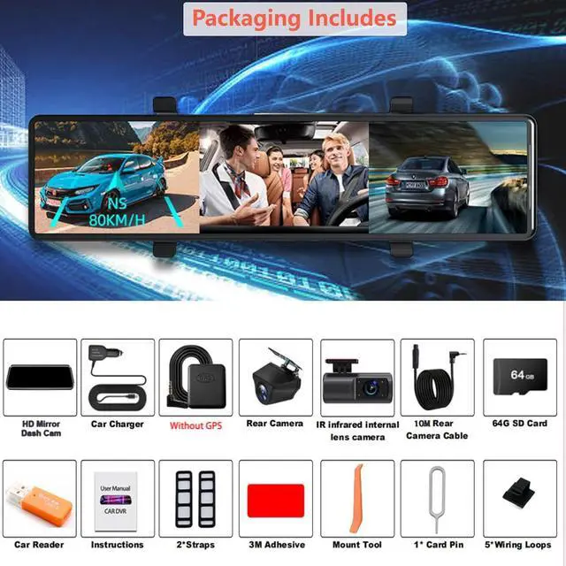 Alt view image 7 of 7 - 3 Channel Mirror Dash Cam, 12" Triple Rear View Mirror with Front 4K, Inside and Rear 1080P Cameras with 5.8GHz WiFi, G-Sensor, Night Vision, Reverse Assist, Parking Monitor