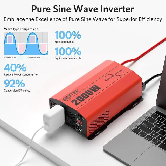 Alt view image 2 of 7 - 2000 Watt Pure Sine Wave Power Inverter 12V DC to 110V/120V AC Converter for Home, RV, Truck, Off-Grid Solar Power 3 AC Outlets Car Inverter with One 2 USB Port Type-C with Remote Control