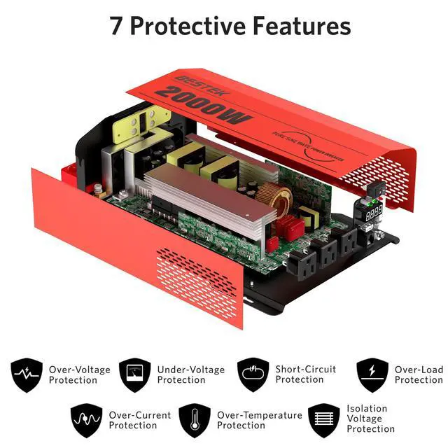 Alt view image 4 of 7 - 2000 Watt Pure Sine Wave Power Inverter 12V DC to 110V/120V AC Converter for Home, RV, Truck, Off-Grid Solar Power 3 AC Outlets Car Inverter with One 2 USB Port Type-C with Remote Control