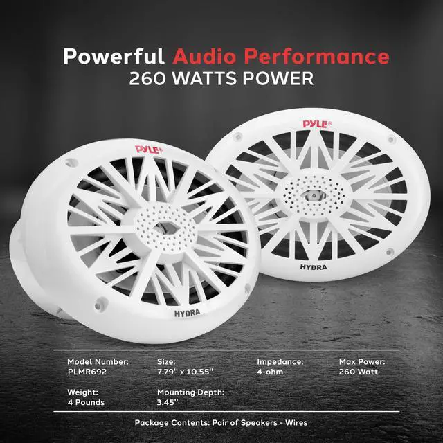 Alt view image 3 of 7 - 6x9 Inch Dual Marine Speakers - 2 Way Waterproof and Weather Resistant Outdoor Audio Stereo Sound System with 260 Watt Power, Poly Carbon Cone and Cloth Surround - 1 Pair - PLMR692