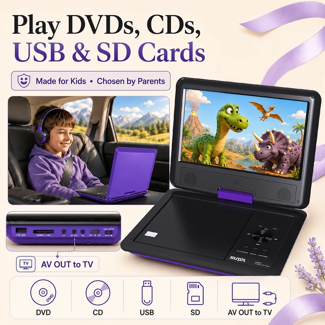 Alt view image 4 of 7 - 11.5" Portable DVD Player for Kids, Car, Type-C Charger Make Family Road Trips Easier, Flexible Viewing, Convenient Type-C Charging, Long Battery Life and Dual Headphones