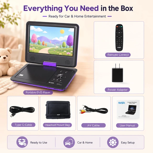 Alt view image 7 of 7 - 11.5" Portable DVD Player for Kids, Car, Type-C Charger Make Family Road Trips Easier, Flexible Viewing, Convenient Type-C Charging, Long Battery Life and Dual Headphones