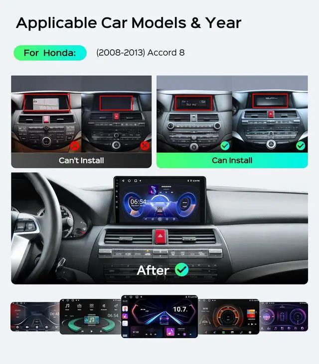 Alt view image 2 of 7 - 10.2 Car Radio Stereo for Honda Accord 8th 2008-2013 CarPlay Android Auto | Upgrade 2G+64G IPS HD Touch Screen /GPS/SWC/Bluetooth/HD Backup Camera
