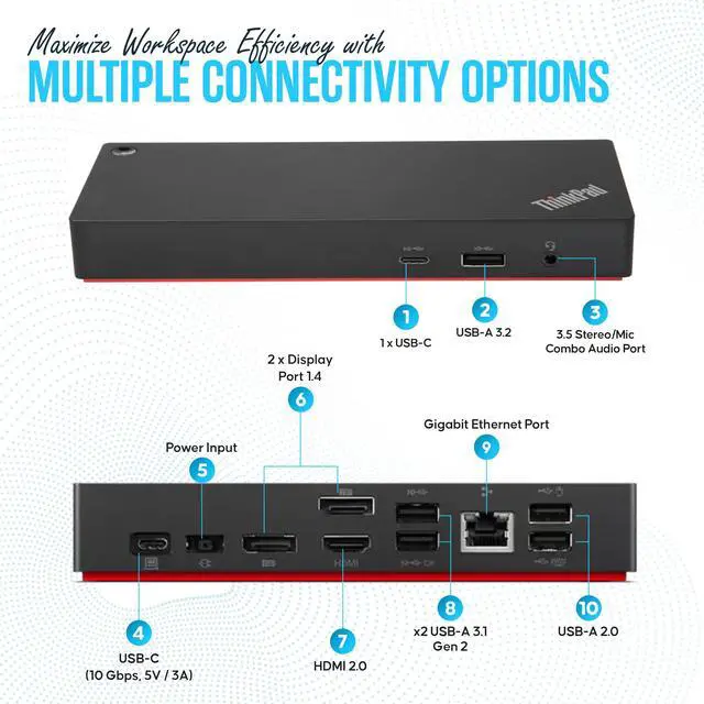 Alt view image 3 of 5 - 40AY0090US Lenovo ThinkPad Docking Station, USB-C Dock, Dual Monitor, 90W | HDMI & DisplayPort Cables Included, 4K Display Support, Multi-Monitor Setup, USB-C Connectivity & Fast Data Transfer