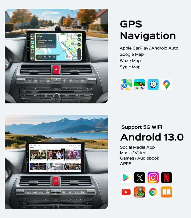 Alt view image 5 of 7 - 10.2 Car Radio Stereo for Honda Accord 8th 2008-2013 CarPlay Android Auto | Upgrade 2G+64G IPS HD Touch Screen /GPS/SWC/Bluetooth/HD Backup Camera