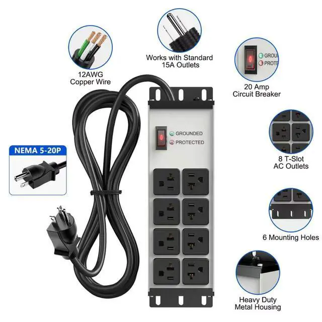 Alt view image 2 of 7 - Heavy Duty Power Strip 20 Amp, 12 Gauge Surge Protector, 6FT | 2500W Extension Cord with Multiple Outlets8 Ports Wall Mount for Garage, Workshop, ShopIndustrial