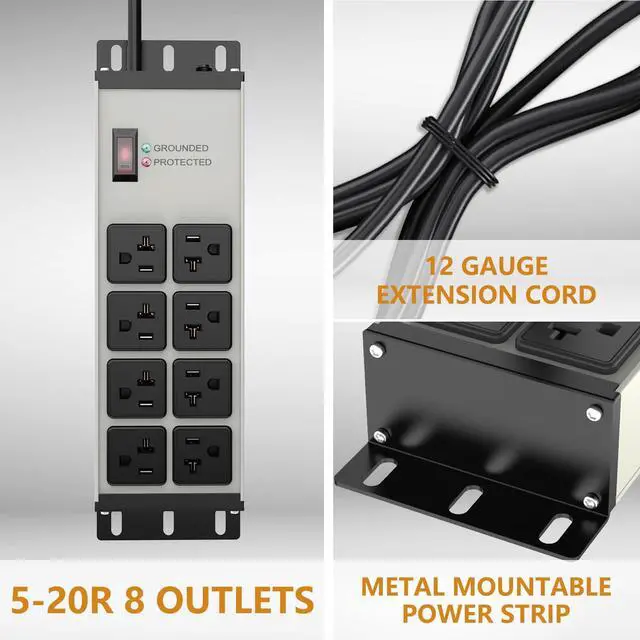 Alt view image 4 of 7 - Heavy Duty Power Strip 20 Amp, 12 Gauge Surge Protector, 6FT | 2500W Extension Cord with Multiple Outlets8 Ports Wall Mount for Garage, Workshop, ShopIndustrial