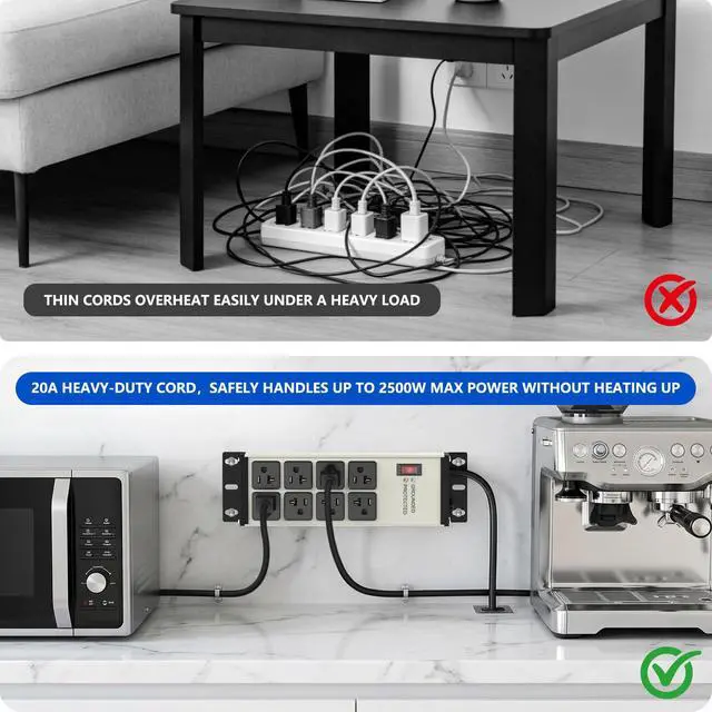 Alt view image 5 of 7 - Heavy Duty Power Strip 20 Amp, 12 Gauge Surge Protector, 6FT | 2500W Extension Cord with Multiple Outlets8 Ports Wall Mount for Garage, Workshop, ShopIndustrial